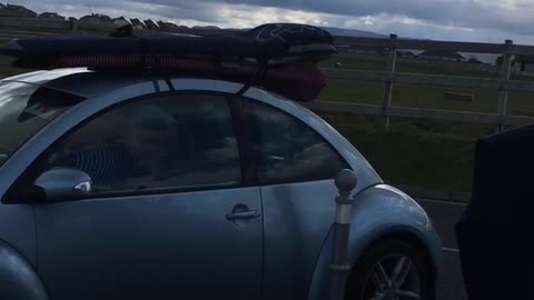 A blue buggie volks wagon car at the beach