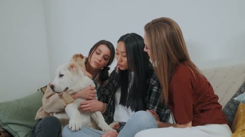 Three Women Holding and Petting Dog