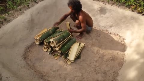 Construção Primitivo - Construindo uma piscina de bambu na casa de madeira