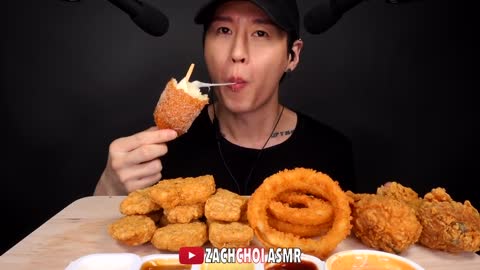 MOST POPULAR FOOD FOR ASMR (KFC, ONION RINGS, MOZZARELLA CORN DOG, CHICKEN NUGGETS) NO TALKING