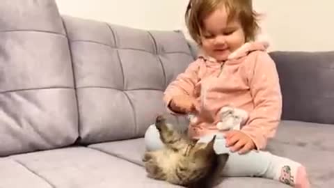 First Time Cute Baby Meets New Kitten