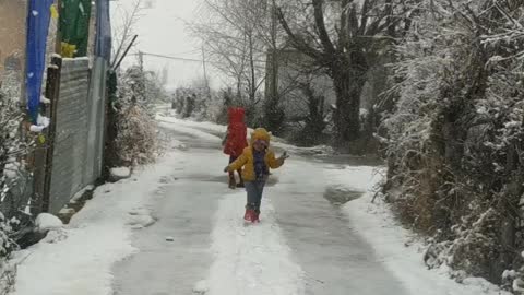 Happy is walking in the snow