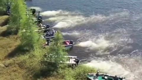 Boat owners moving a large floating island out of the way on Wisconsin's Lake Chippewa