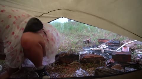 Solo Girl Camping In Heavy Rain , Thunderstorm with My Dog