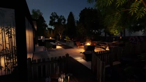 Small, relaxing backyard patio concept at night