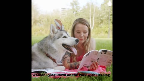 Women lying down on the park with her dog. Animal lovers.