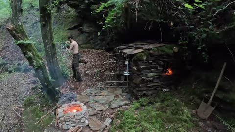 7 Days Solo Survival Camping in Heavy Rain, Thunder - Bushcraft, Building Stone House, Fireplace