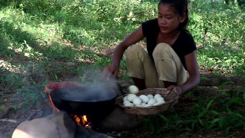 Yummy duck egg delicious cooking with chili and eating delicious.