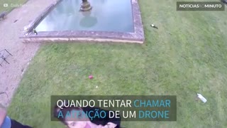 Mulher cai dentro de fonte ao tentar fazer pose para um drone