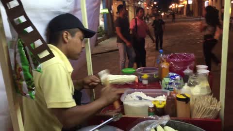 Elotes downtown food stand in Oaxaca Mexico. Sept 2019