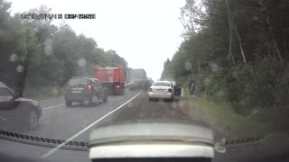 Truck Takes out Line of Stopped Traffic