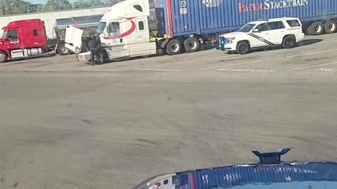 D.O.T. inspecting a driver at a truckstop