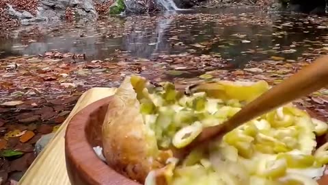 Baked potatoes with sausage on a stone🍁