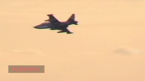 Russian Air Force Su-25 attack aircrafts work in the sky over Avdeevka.