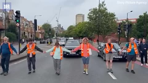 Enraged motorist pushes Just Stop Oil out of road while cars circumvent slow march