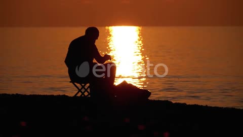 #Sea#Fishing#River#Fish Silhouette Of A Fisherman Sitting On The Beach