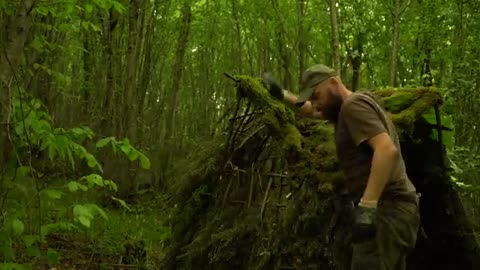 Building a Survival Shelter in the Desolate Forest - Camp food from natural herbs