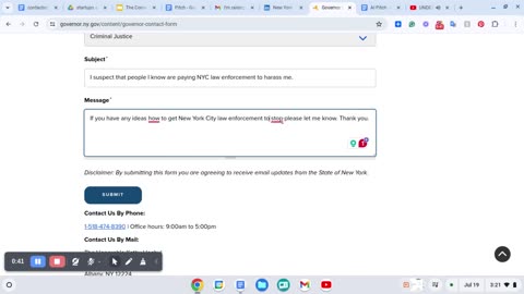 Message to the New York State Governor about NYC law enforcement harassing me.