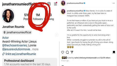 Jonathan Roumie reaches 1 million followers on Instagram- moment to celebrate and pray for him more