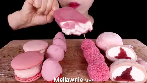 ASMR MUKBANG｜PINK FROZEN FRUITS, ICE CREAM, CHOCOLATE, MACARON, RICE CAKES EATING SOUNDS