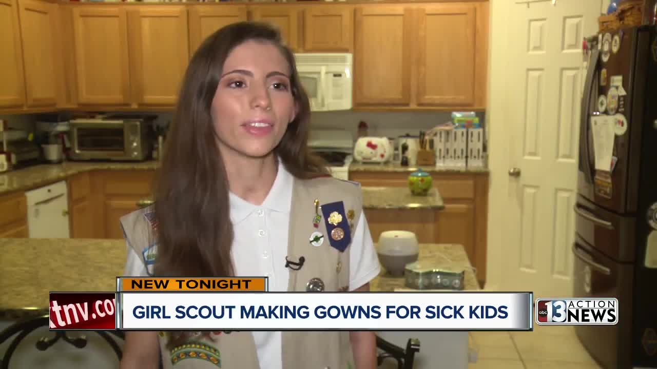 Girl Scout designing hospital gowns for sick children showing creations at New York Fashion Week