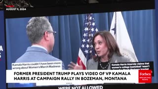 Trump Plays Viral Gaffe Supercut Of Kamala Harris On The Jumbotron Campaign Rally.