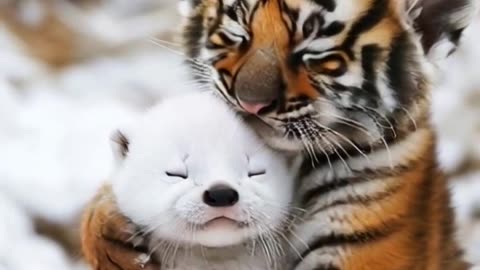 Unlikely Friends: A Tiger Cub And Snow Mink Cub Cuddle