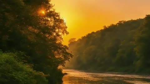 The sun sets over a tranquil river