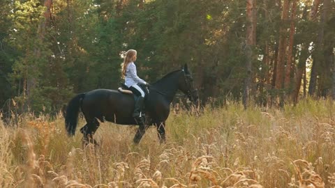 girl riding a horse walking in the woods