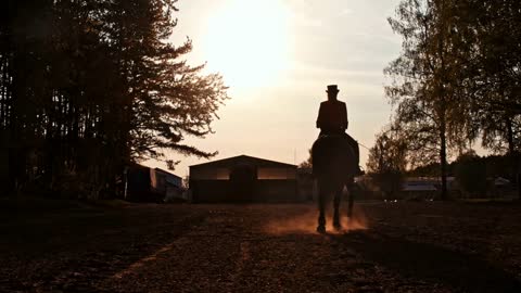 Sunset female silhouette riding horse, rear view