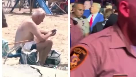 SIDE BY SIDE: Sad & Pathetic Traitor Biden at Beach compared to Real President at UFC