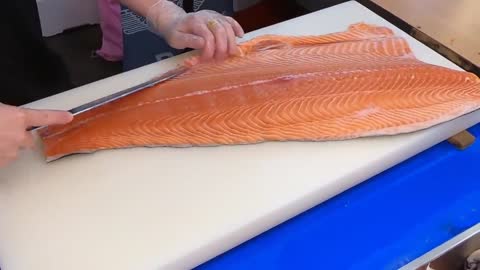 How To Fillet a Whole Salmon | Sashimi & Sushi -Taiwanese street food