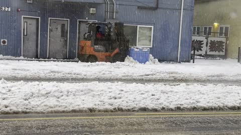 Snow Plow Made From Forklift and Fish Tote