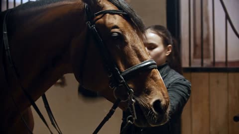 Riding a horse - a woman rider puts reins on her horse