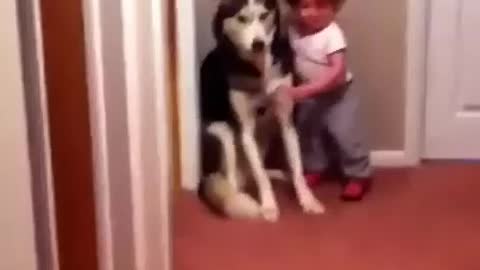 Cute baby running to dog for fear of vacuum voice