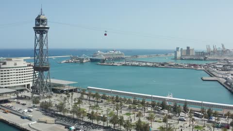 Drone flying above a port in Barcelona