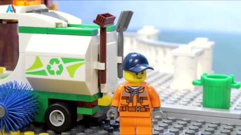 Assemble lego green garbage truck to clean up the street garbage love labor and civilization