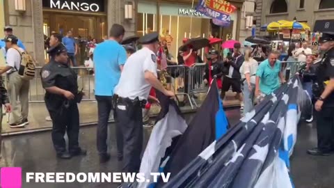 NYPD arrest Trump supporters displaying a thin blue line flag in NYC