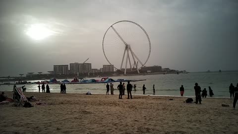 Beautiful scenery of seagulls flying in Dubai Jumeirah Lake Towers Beach