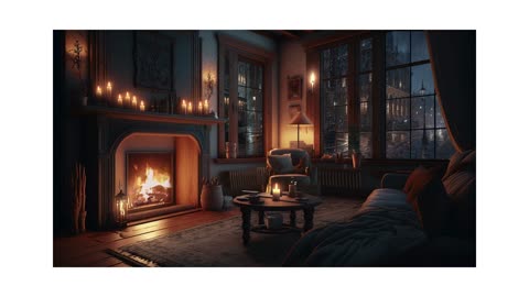 Enjoy the sound of rain and thunder in a room and a fireplace