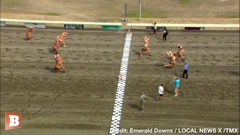 Kids Run Competitive Race in T-Rex Costumes at Emerald Downs