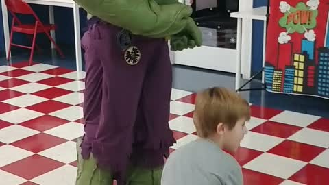 Swing the battle hammer at Thanos gauntlet with the hulk at birthday party at Westwood gymnastics