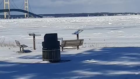 Frozen Mackinaw Island view from the tip of the mitten