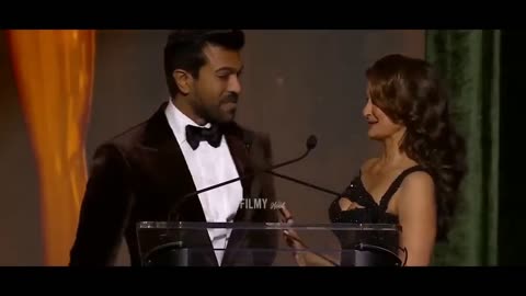 Indian actor Ram Charan Making Fun With Hollywood Anchor Angela Basseett @HCA Award Presentation