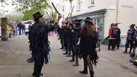 Beltane Border Morris dancing Tolmen Stone at Totnes, Devon for St Georges Day, 28th April 2019