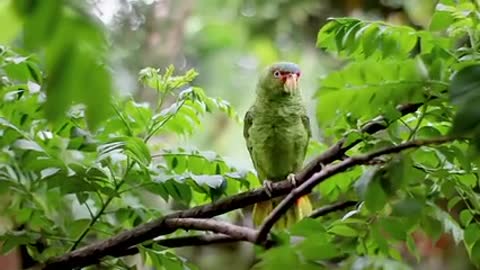 Green Bird Perched on Tree Branch ·