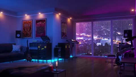 Listening to the rain in a cyberpunk style studio...,