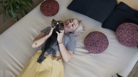 Top view. A beautiful blonde lays on the bed in the bedroom and raises a small breed of dogs