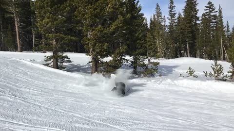 Grey helmet snowboard bellyflop