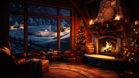 Holiday Fireplace on a Snowy Night